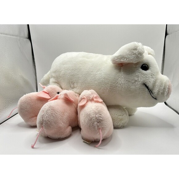 Vintage Dakin Plush White Pig with 3 Pink Piglet Babies Stuffed Animal 17” 1980s - Picture 3 of 16